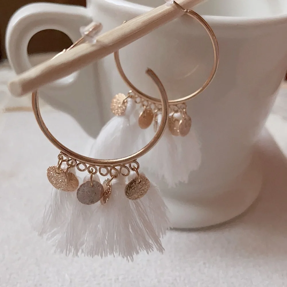 Gold hoop white fan tassel earrings